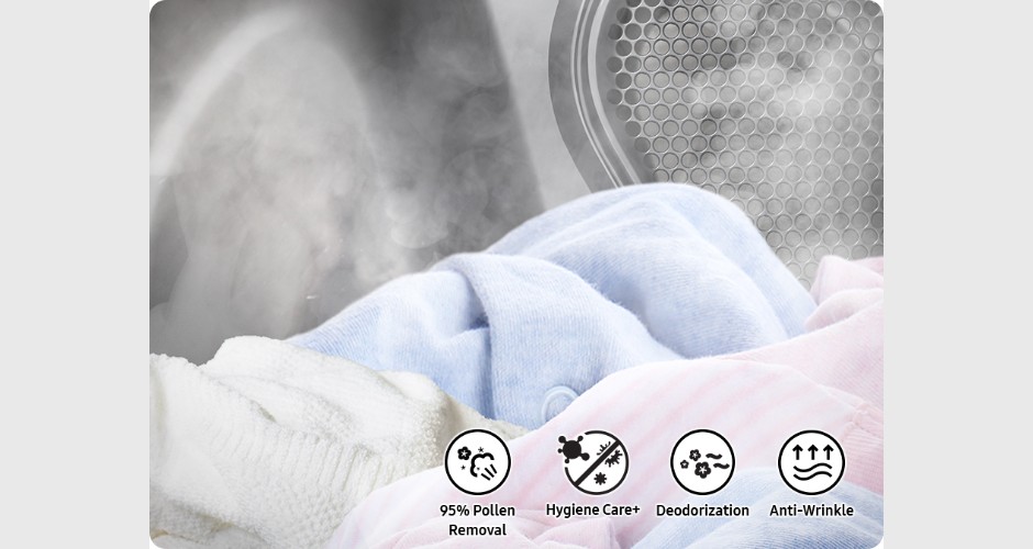 Samsung DV90F Series Ivory Gas dryer providing hygiene care with steam to remove pollen, deodorize fabrics, reduce wrinkles, and refresh laundry.